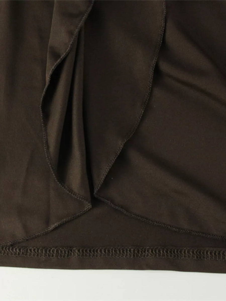 Maternity maxi dress in coffee brown with tie detail and ruffled hem.