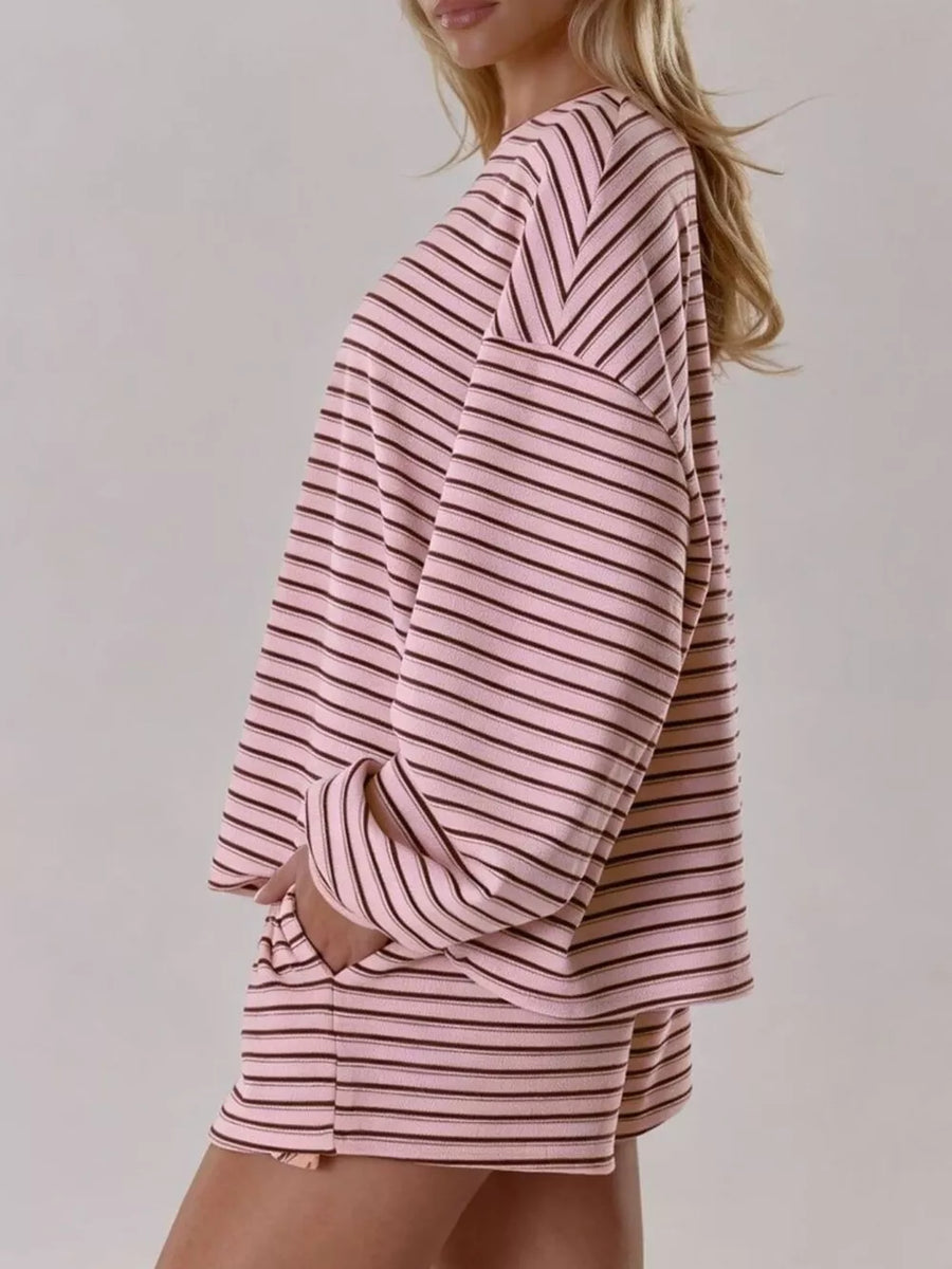pajama set featuring striped in Coffee Brown with 100% polyester Care instructions: Machine wash cold texture
