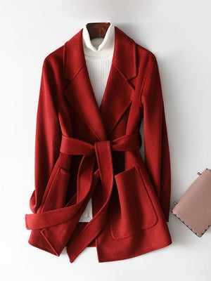 Double-Sided Wool Coat With Belt in Burgundy with pocketed