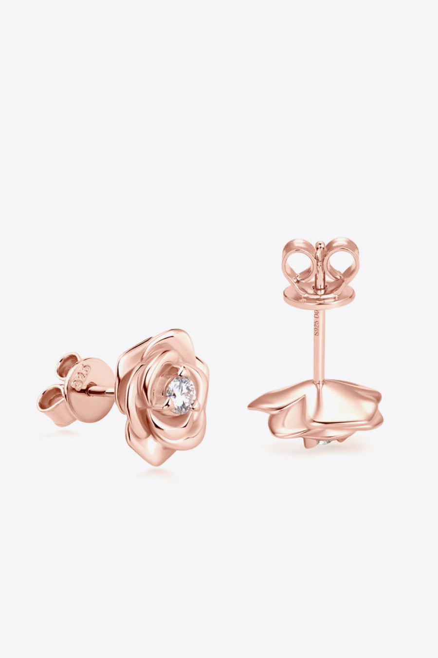 Rose gold rose stud earrings with diamond center detail