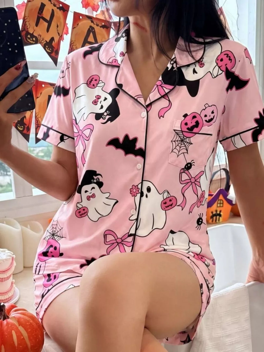 Pink pajama set with pocketed and short sleeve