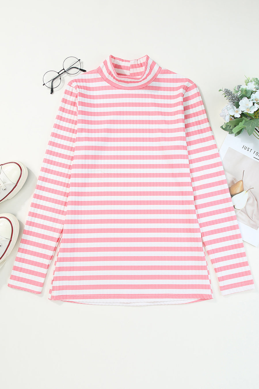 Ribbed stripe slim-fit turtleneck sweater in Carnation Pink with a high neck and long sleeves.