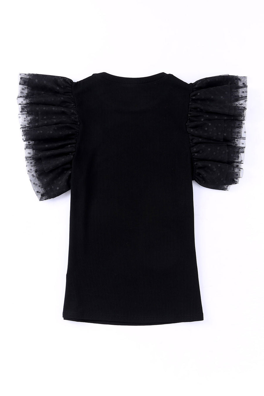 Black ribbed knit blouse with sheer dot mesh flutter sleeves.
