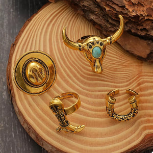 18k Gold-plated Vintage Western Bull Head Rings 4-piece in Silver with adjustable