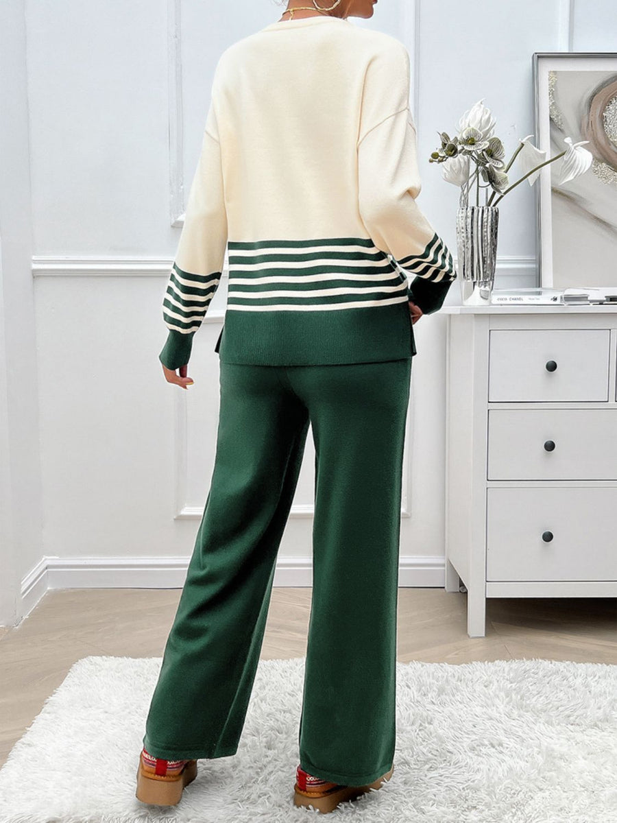 Color-blocked knit lounge set in cream and dark green with horizontal stripes on sleeves and hem.
