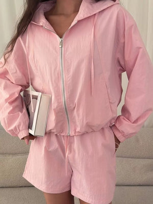 Lightweight Hooded Jacket And Shorts Set in Pink