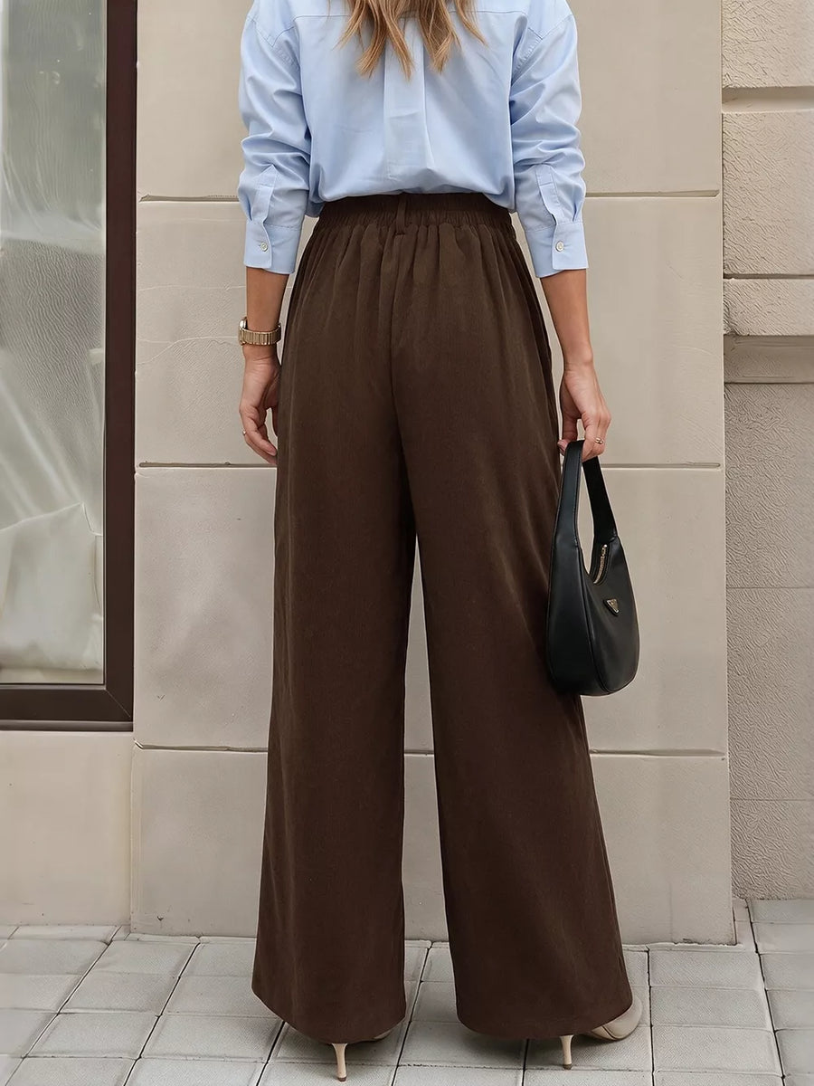 Coffee Brown wide-leg pants with full-length and zip-front