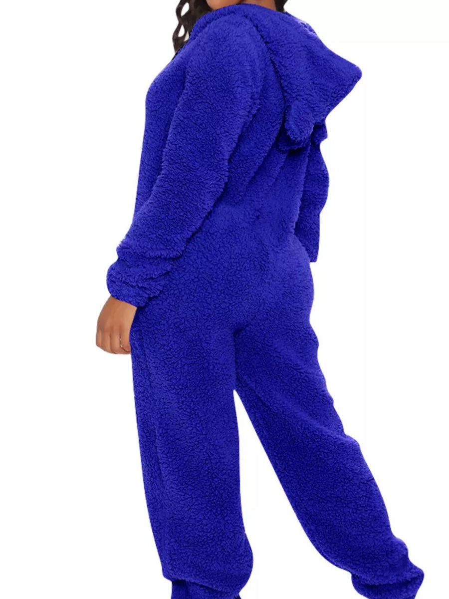 Full Size Fleece Zip-up Hooded Jumpsuit Plus Size in White with pocketed