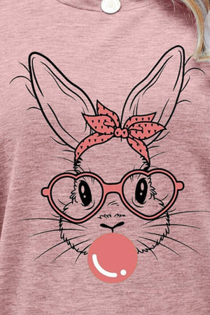 Dusty Pink bunny graphic t-shirt with heart glasses and bubblegum detail.
