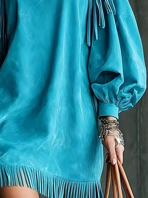 Fringe Detail Lantern Sleeve Mini Dress in Brown with fringe