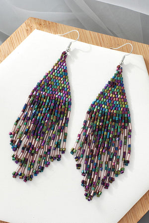 Prismatic beaded fringe earrings with multicolor beads and dangling strands.