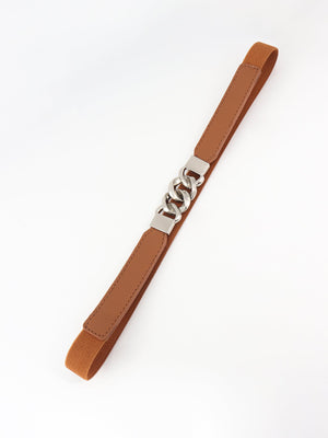 Chain detail faux leather elastic waist belt in Chocolate/Silver