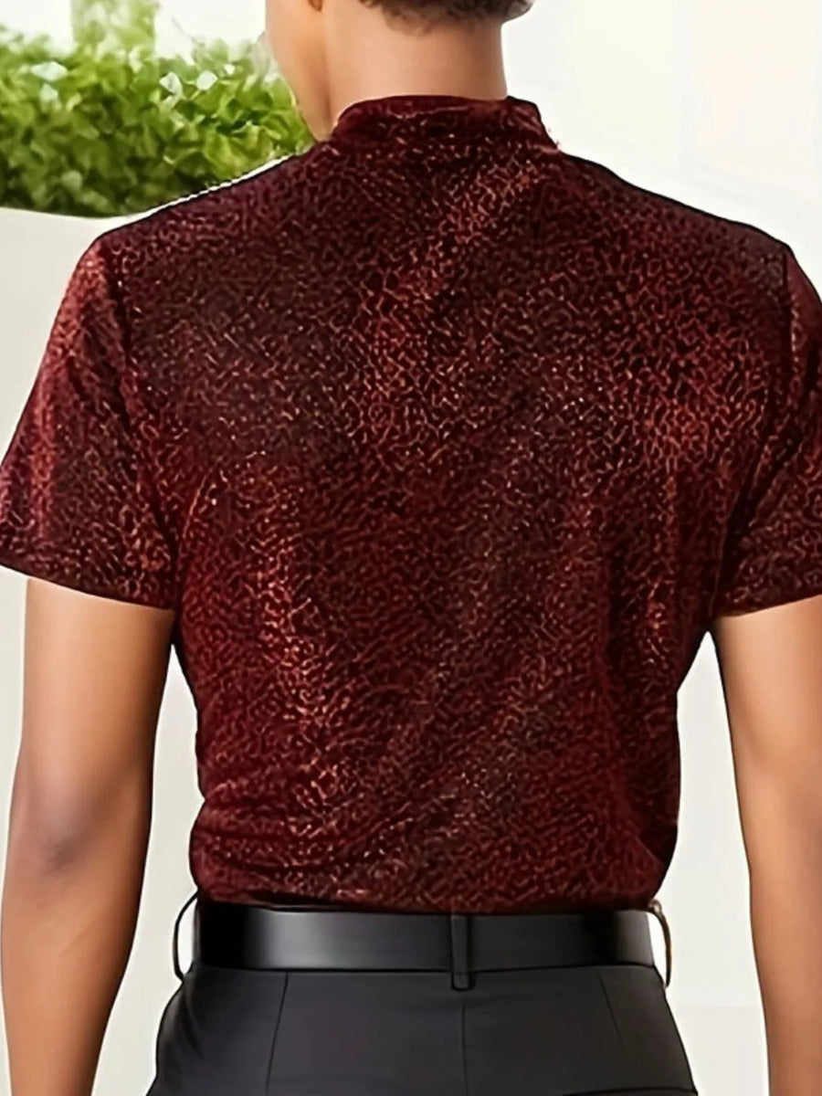 Burgundy velvet mock neck tee with allover texture, short sleeves.
