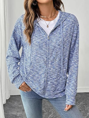 zip hoodie in light blue featuring drawstring and relaxed fit