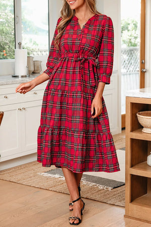 Christmas Plaid V Neck Tie Waist Midi Dress in Deep Red
