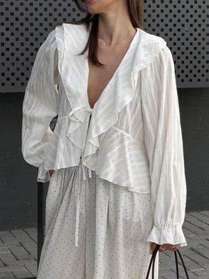 ivory blouse with striped and v-neck