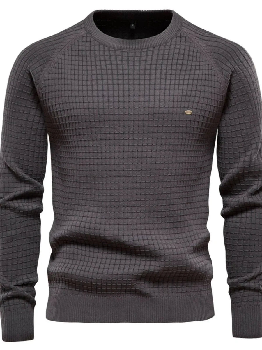 Dark Gray textured grid crewneck sweater with raglan sleeves and a small oval logo detail.