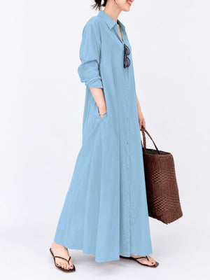 Button Front Long Sleeve Maxi Shirt Dress Plus Size in Black