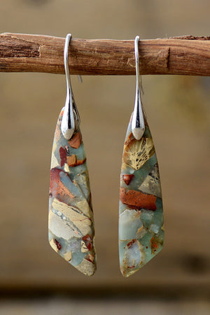 Mosaic stone drop earrings with silver hooks and boho pattern.
