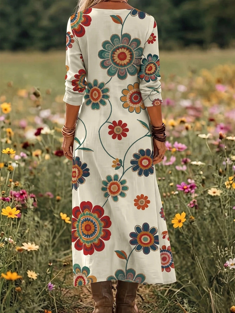 deep red maxi dress featuring stretch and floral