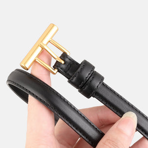 Black leather belt with gold T-buckle and stitched detail