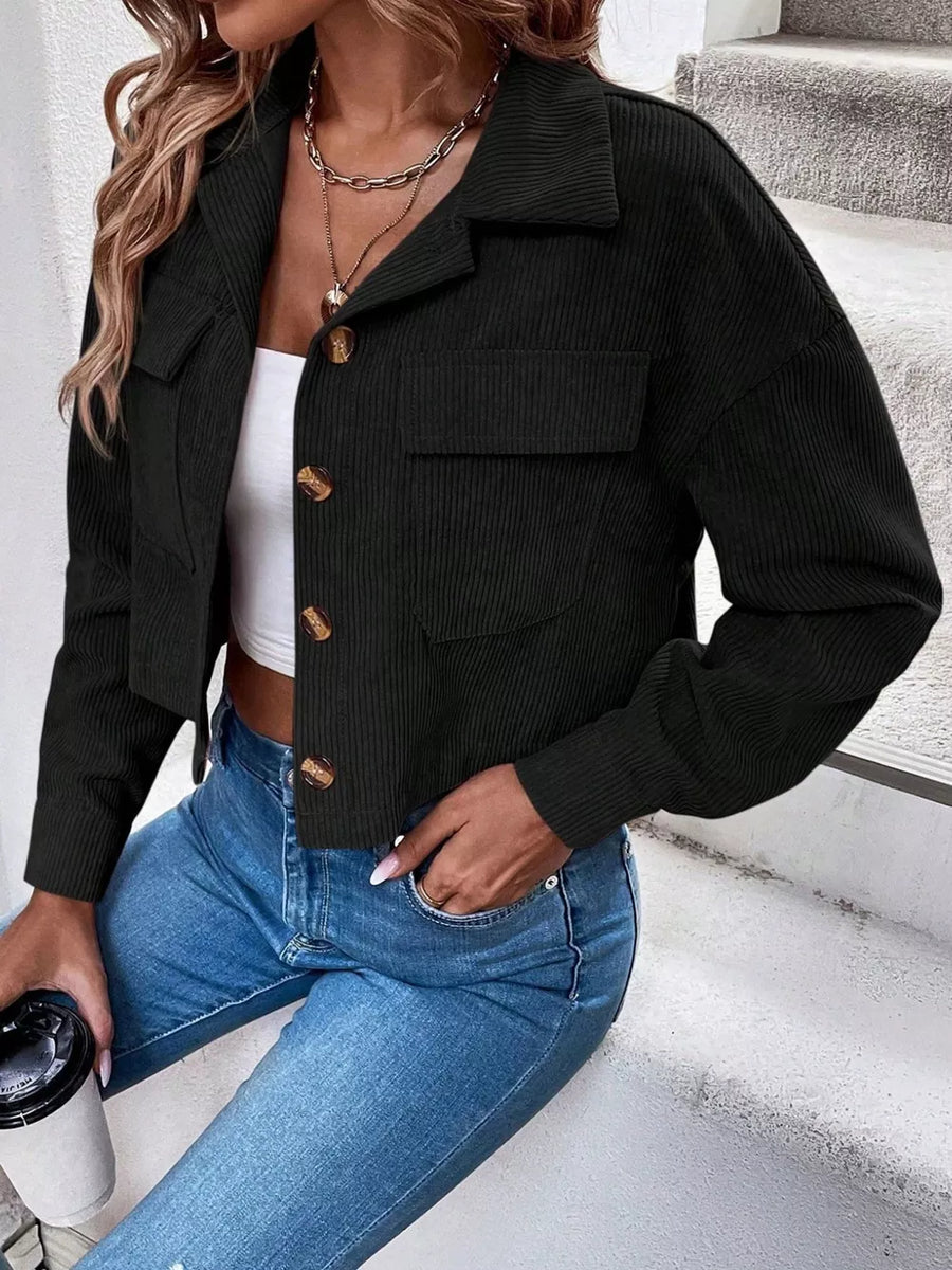 Cropped Corduroy Button-down Jacket in Brown with buttoned