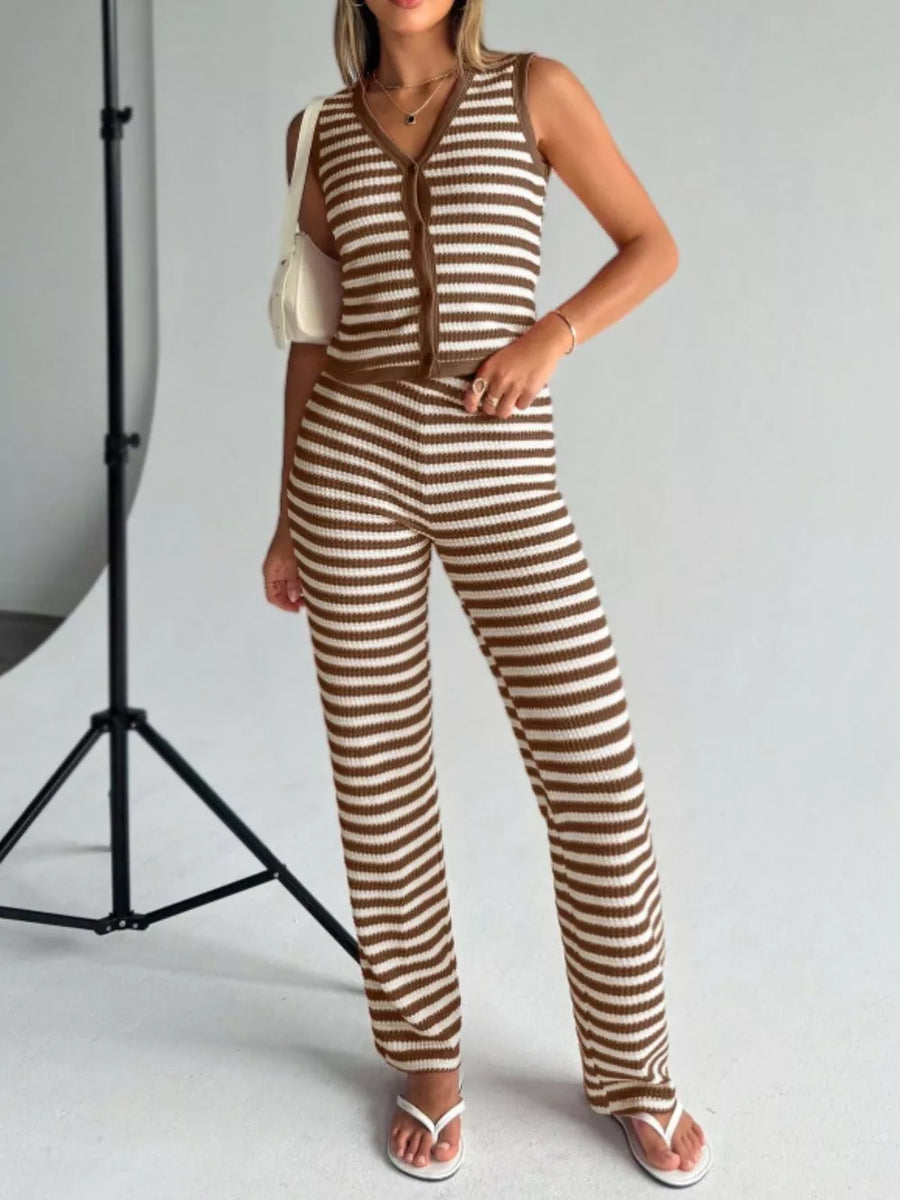 Brown and white striped knit V-neck buttoned sleeveless top and wide-leg pants set.