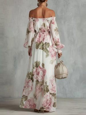 blush pink maxi dress featuring smocked and floral