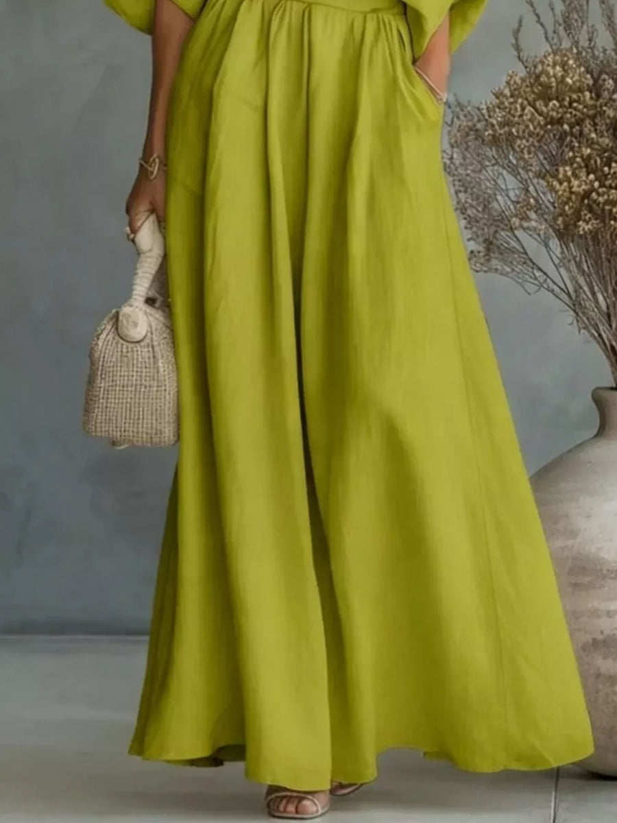 100% polyester Care instructions: Machine wash cold two-piece set in Sage with relaxed silhouette