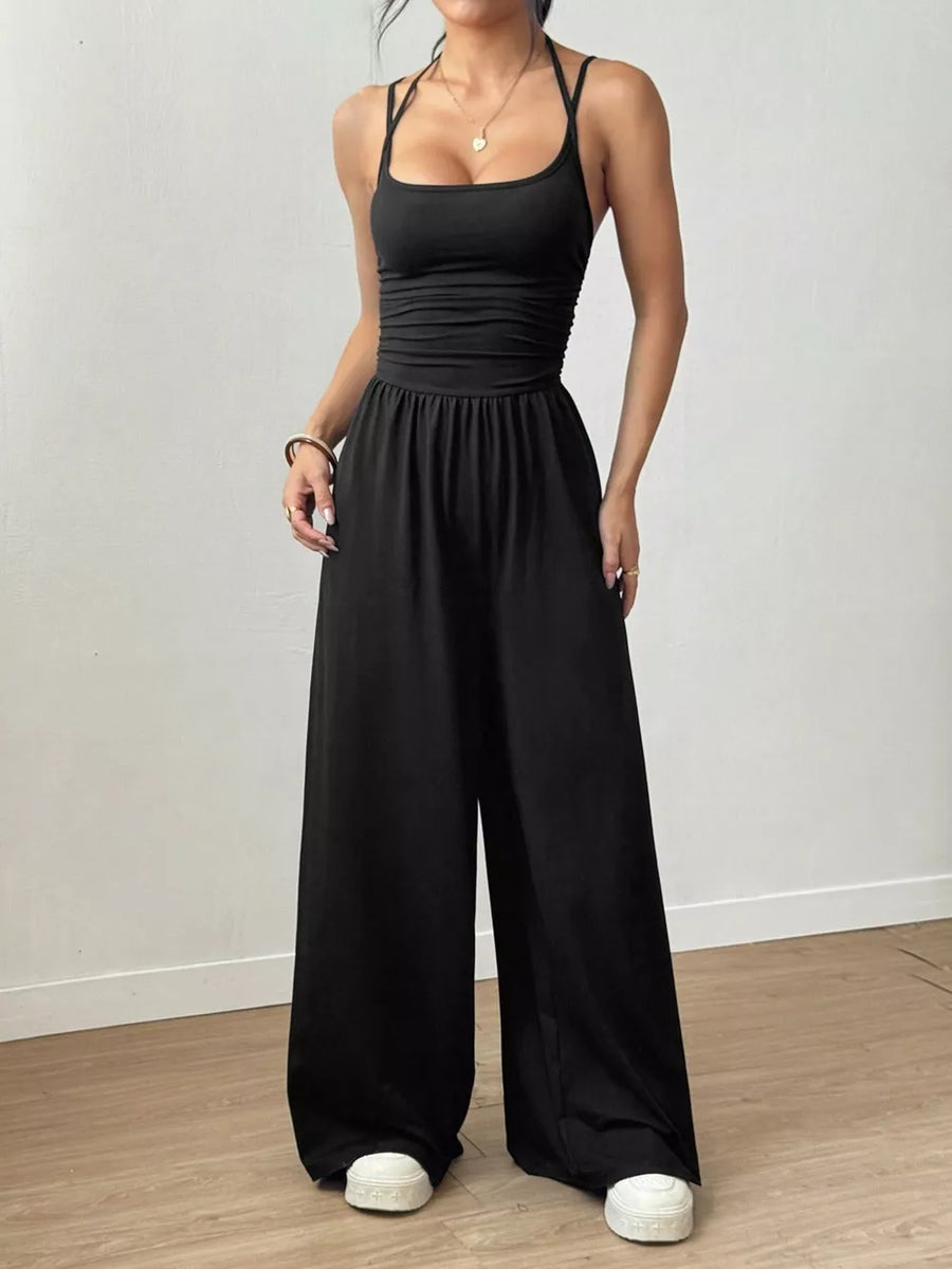 Grey jumpsuit with wide-leg and spaghetti strap