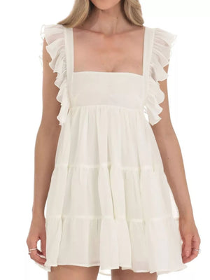 Ivory white ruffled square neck mini dress with tiered skirt
