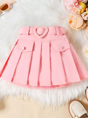 Pink pleated skirt with heart buckle belt and pocket details