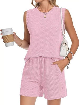 Pink ribbed knit sleeveless top and shorts set with pockets
