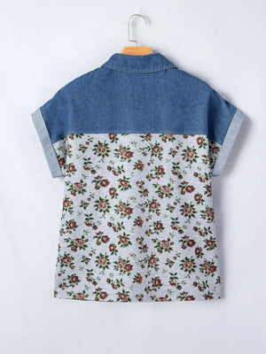 Denim patchwork floral blouse with cuffed short sleeves and a button-down collar.