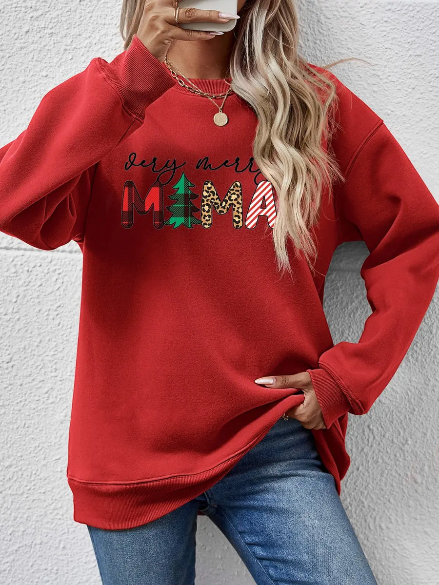 Red graphic sweatshirt with "Very Merry Mama" text and festive patterns.