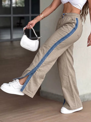 Khaki wide-leg pants with full-length and drawstring