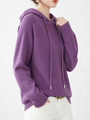 Drawstring Long Sleeve Hooded Knit Sweater in Beige