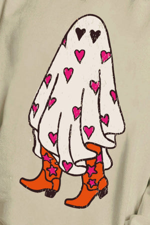 Beige sweatshirt with a graphic of a ghost wearing cowboy boots and covered in hearts.