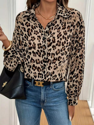 tan button-down shirt with leopard and collared