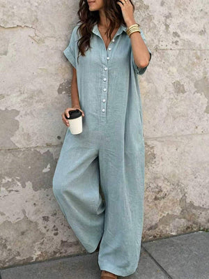 Button Front Short Sleeve Jumpsuit in Burgundy with collared