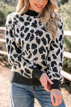 charcoal pullover sweater with leopard-print and mock neck