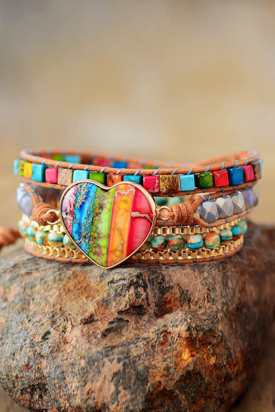 Multicolor heart stone wrap bracelet with beads and leather cord.