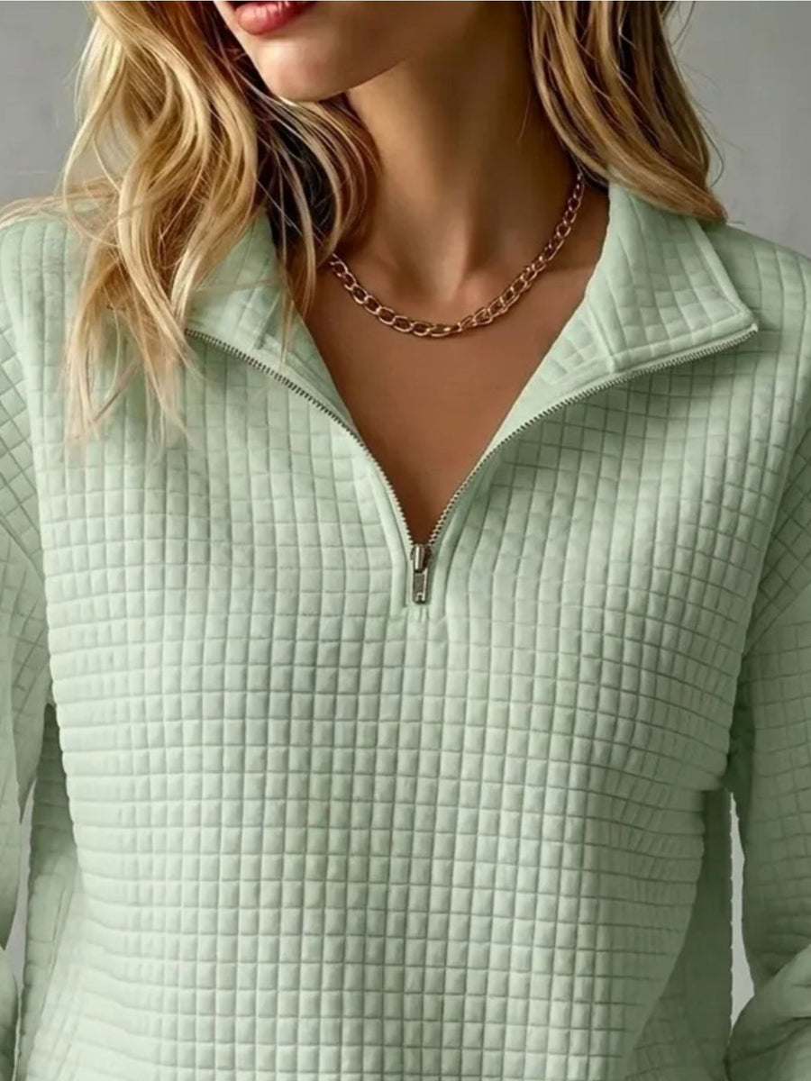 White sweatshirt with quarter-zip and waffle knit