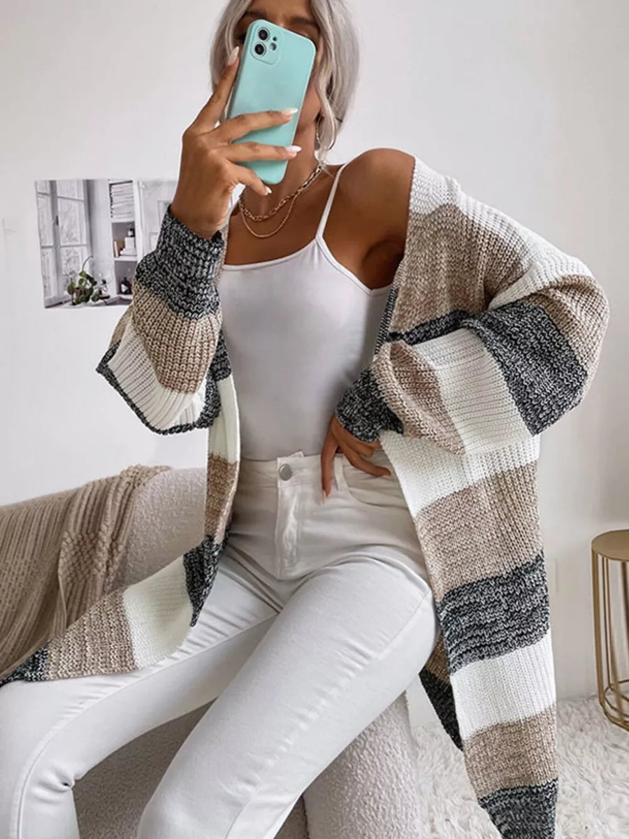 tan cardigan featuring oversized and striped