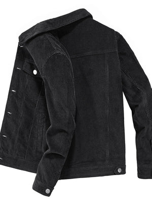 Black corduroy button-down jacket with classic collar and button closure.