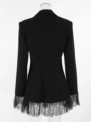 Lace Hem Lapel Collar Blazer in White with buttoned