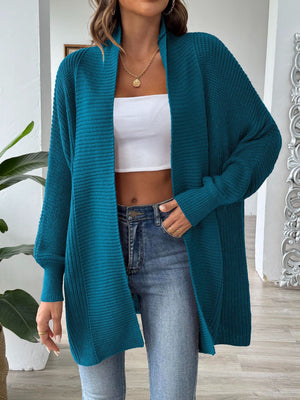 Deep Teal ribbed knit cocoon cardigan with open front and balloon sleeves.