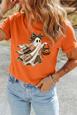 orange t-shirt with graphic print and crew neck