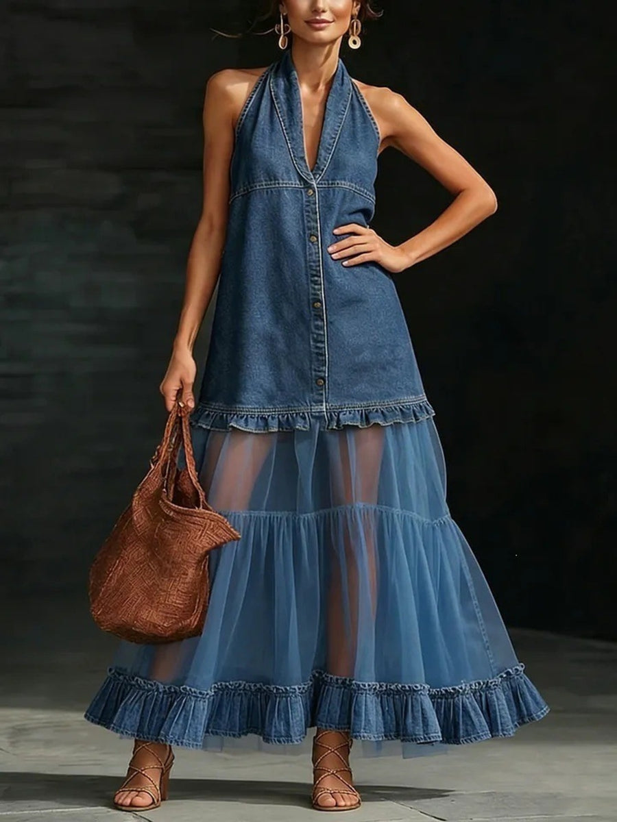 maxi dress in denim blue featuring ruffle hem and A-line fit