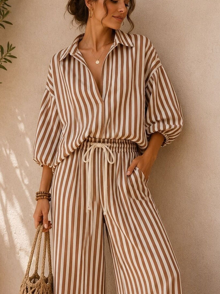 Black relaxed two-piece set with collared, v-neck
